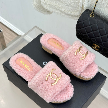 CHANEL 26S SLIDE SANDALS IN LIGHT PINK TEDDY FLEECE GOLD HARDWARE