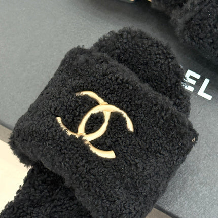 CHANEL 26S SLIDE SANDALS IN BLACK TEDDY FLEECE GOLD HARDWARE