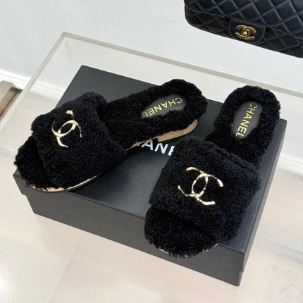 CHANEL 26S SLIDE SANDALS IN BLACK TEDDY FLEECE GOLD HARDWARE