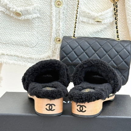 CHANEL 26S SLIDE SANDALS IN BLACK TEDDY FLEECE GOLD HARDWARE