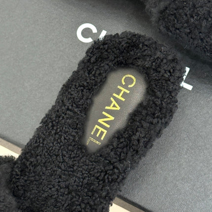 CHANEL 26S SLIDE SANDALS IN BLACK TEDDY FLEECE GOLD HARDWARE