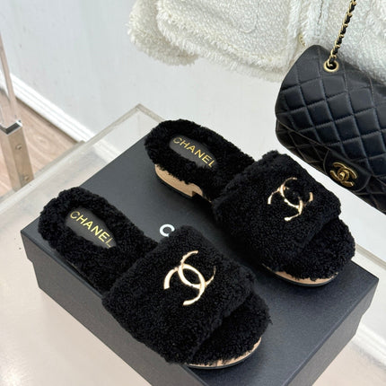 CHANEL 26S SLIDE SANDALS IN BLACK TEDDY FLEECE GOLD HARDWARE