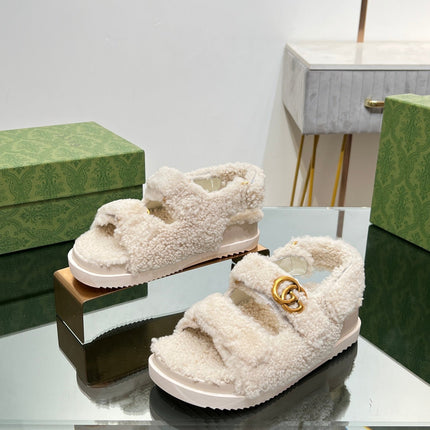 DAD SANDALS IN WHITE FLEECE WITH GOLD HARDWARE
