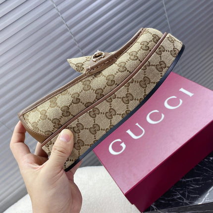 HORSEBIT PLATFORM LOAFER IN TAN BEIGE MONOGRAM JACQUARD FABRIC