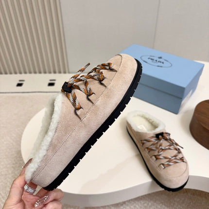 PRADA 26S LACE UP MULE SLIPPERS IN LIGHT BROWN SUEDE SHEARLING LINED