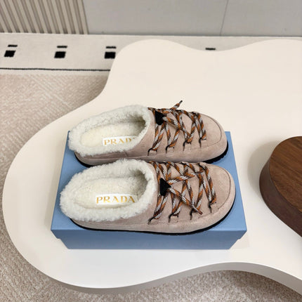 PRADA 26S LACE UP MULE SLIPPERS IN LIGHT BROWN SUEDE SHEARLING LINED