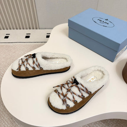 PRADA 26S LACE UP MULE SLIPPERS IN WHITE AND BROWN SUEDE SHEARLING LINED