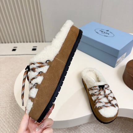 PRADA 26S LACE UP MULE SLIPPERS IN WHITE AND BROWN SUEDE SHEARLING LINED