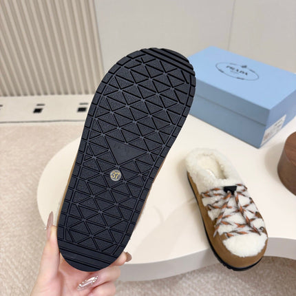 PRADA 26S LACE UP MULE SLIPPERS IN WHITE AND BROWN SUEDE SHEARLING LINED