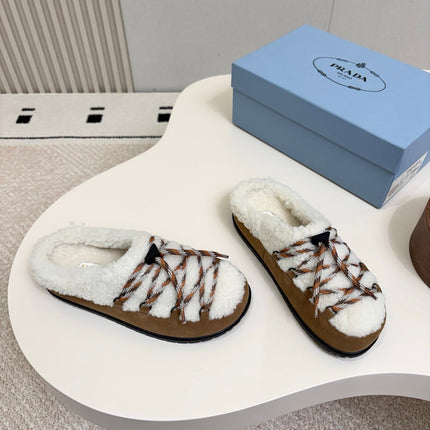 PRADA 26S LACE UP MULE SLIPPERS IN WHITE AND BROWN SUEDE SHEARLING LINED