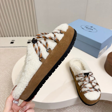 PRADA 26S LACE UP MULE SLIPPERS IN WHITE AND BROWN SUEDE SHEARLING LINED