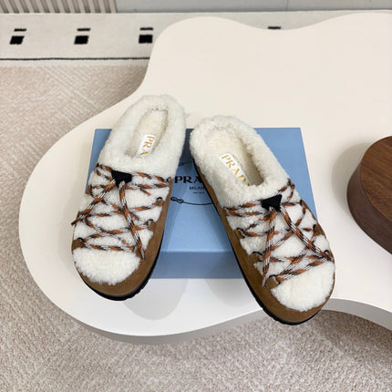 PRADA 26S LACE UP MULE SLIPPERS IN WHITE AND BROWN SUEDE SHEARLING LINED