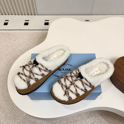 PRADA 26S LACE UP MULE SLIPPERS IN WHITE AND BROWN SUEDE SHEARLING LINED
