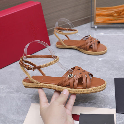 VALENTINO 26S FLAT ESPADRILLE SANDALS IN TAN BROWN CALFSKIN WITH BRAIDED STRAPS