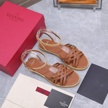 VALENTINO 26S FLAT ESPADRILLE SANDALS IN TAN BROWN CALFSKIN WITH BRAIDED STRAPS