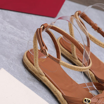 VALENTINO 26S FLAT ESPADRILLE SANDALS IN TAN BROWN CALFSKIN WITH BRAIDED STRAPS
