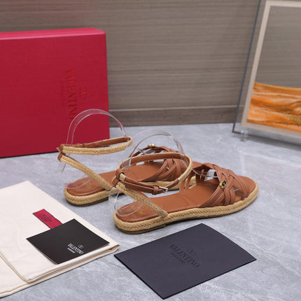 VALENTINO 26S FLAT ESPADRILLE SANDALS IN TAN BROWN CALFSKIN WITH BRAIDED STRAPS