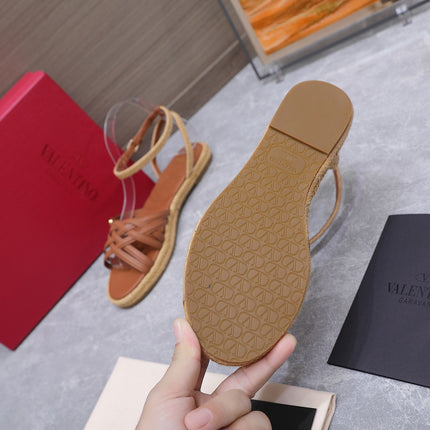 VALENTINO 26S FLAT ESPADRILLE SANDALS IN TAN BROWN CALFSKIN WITH BRAIDED STRAPS