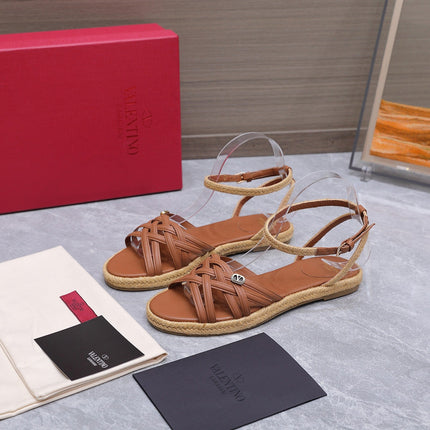 VALENTINO 26S FLAT ESPADRILLE SANDALS IN TAN BROWN CALFSKIN WITH BRAIDED STRAPS