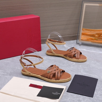 VALENTINO 26S FLAT ESPADRILLE SANDALS IN TAN BROWN CALFSKIN WITH BRAIDED STRAPS