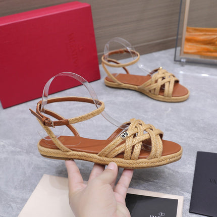 VALENTINO 26S FLAT ESPADRILLE SANDALS IN NATURAL BEIGE RAFFIA WITH BRAIDED STRAPS