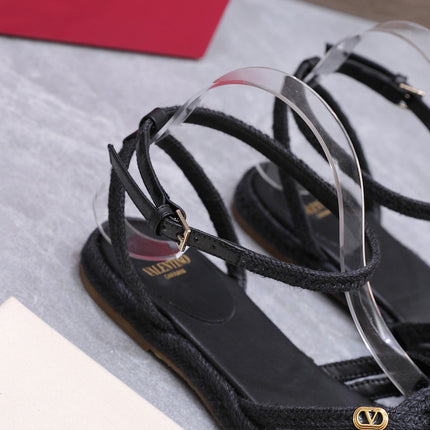 VALENTINO 26S FLAT ESPADRILLE SANDALS IN BLACK RAFFIA WITH BRAIDED STRAPS