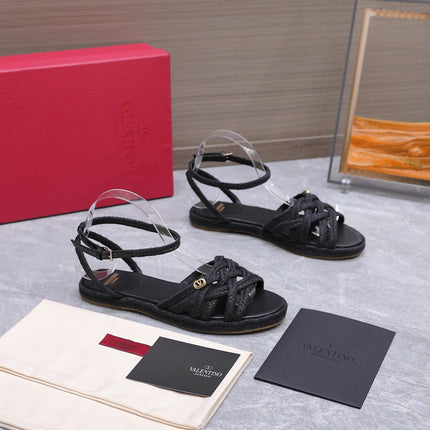 VALENTINO 26S FLAT ESPADRILLE SANDALS IN BLACK RAFFIA WITH BRAIDED STRAPS