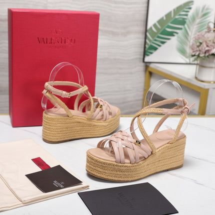 VALENTINO 26S WEDGE SANDALS 60MM IN LIGHT PINK CALFSKIN WITH BRAIDED STRAPS