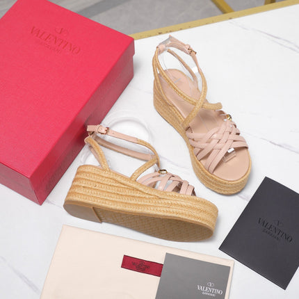 VALENTINO 26S WEDGE SANDALS 60MM IN LIGHT PINK CALFSKIN WITH BRAIDED STRAPS