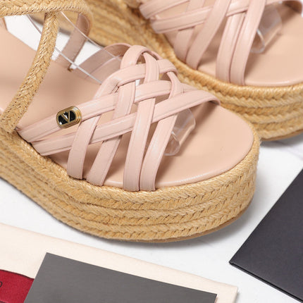 VALENTINO 26S WEDGE SANDALS 60MM IN LIGHT PINK CALFSKIN WITH BRAIDED STRAPS