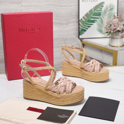 VALENTINO 26S WEDGE SANDALS 60MM IN LIGHT PINK CALFSKIN WITH BRAIDED STRAPS