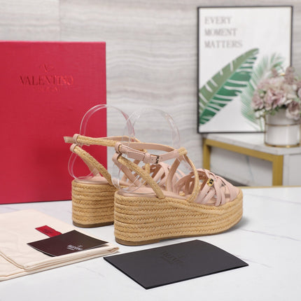 VALENTINO 26S WEDGE SANDALS 60MM IN LIGHT PINK CALFSKIN WITH BRAIDED STRAPS
