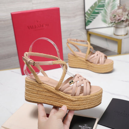 VALENTINO 26S WEDGE SANDALS 60MM IN LIGHT PINK CALFSKIN WITH BRAIDED STRAPS
