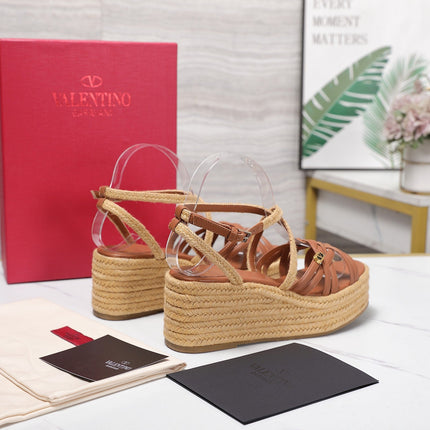VALENTINO 26S WEDGE SANDALS 60MM IN TAN BROWN CALFSKIN WITH BRAIDED STRAPS