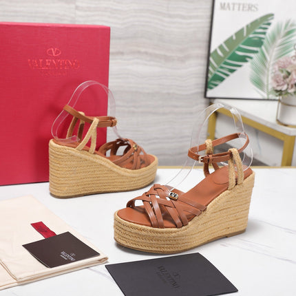 VALENTINO 26S WEDGE SANDALS 110MM IN TAN BROWN CALFSKIN WITH BRAIDED STRAPS