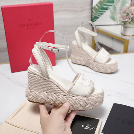 VALENTINO 26S WEDGE SANDALS 110MM IN WHITE CALFSKIN BRAIDED ROPE PLATFORM