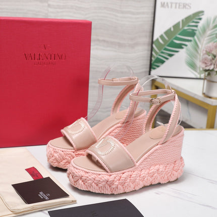 VALENTINO 26S WEDGE SANDALS 110MM IN LIGHT PINK CALFSKIN BRAIDED ROPE PLATFORM