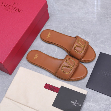 VALENTINO 26S FLAT SLIDE SANDALS IN CARAMEL BROWN CALFSKIN