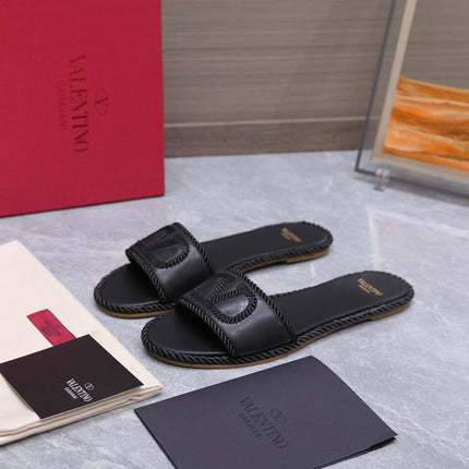 VALENTINO 26S FLAT SLIDE SANDALS IN BLACK CALFSKIN