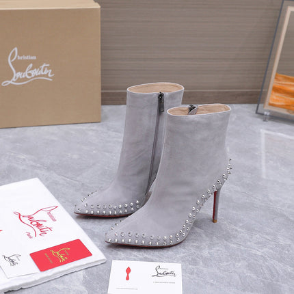 CHRISTIAN LOUBOUTIN 26S STUDDED ANKLE BOOTS 105 MM IN GREY SUEDE