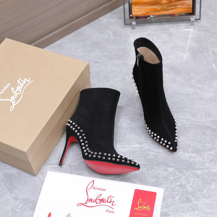CHRISTIAN LOUBOUTIN 26S STUDDED ANKLE BOOTS 105 MM IN BLACK SUEDE