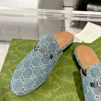 MEN'S MULE WITH HORSEBIT IN SAPHIRE BLUE MONOGRAM JACQUARD FABRIC