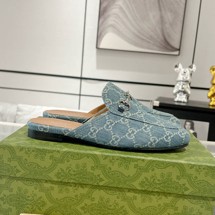 MEN'S MULE WITH HORSEBIT IN SAPHIRE BLUE MONOGRAM JACQUARD FABRIC