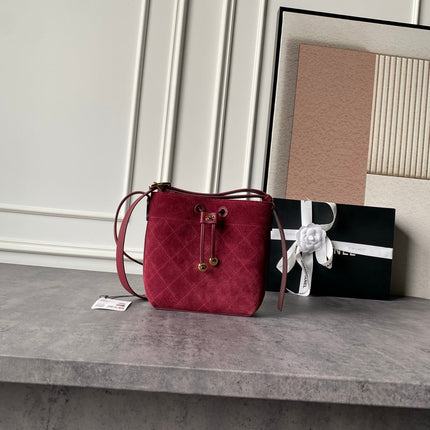 CHANEL 26S BUCKET BAG 18 IN DARK RED QUILTED SUEDE