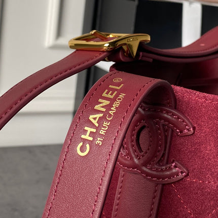 CHANEL 26S BUCKET BAG 18 IN DARK RED QUILTED SUEDE