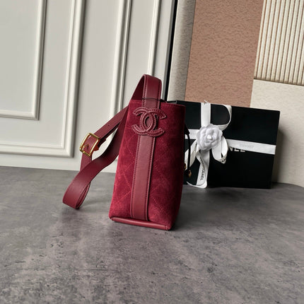 CHANEL 26S BUCKET BAG 18 IN DARK RED QUILTED SUEDE