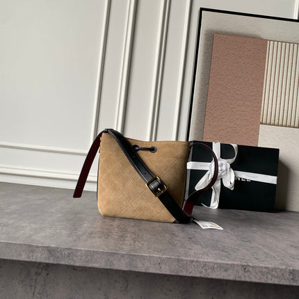 CHANEL 26S BUCKET BAG 18 IN BEIGE BROWN QUILTED SUEDE