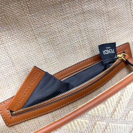Fend Baguette Gold Tan Canvas Bag 27 with FF Embroidery Ghw