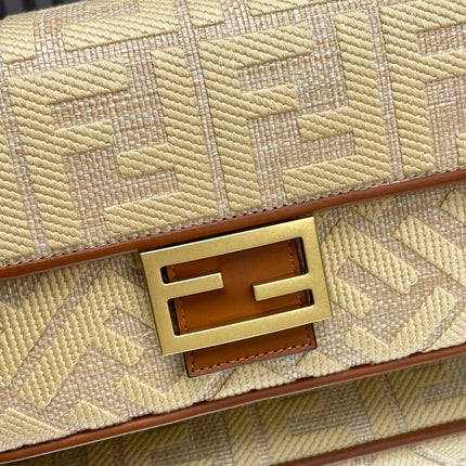 Fend Baguette Gold Tan Canvas Bag 27 with FF Embroidery Ghw