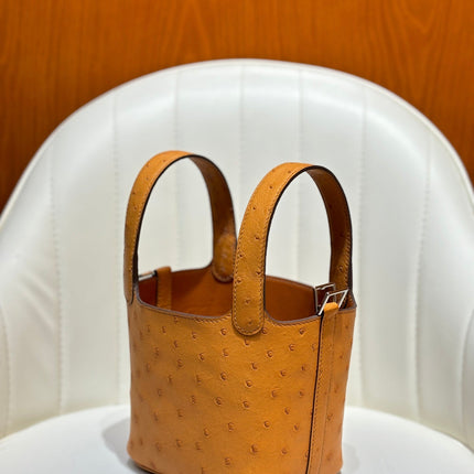 HM 25S PICOTIN LOCK 14 CM IN BURNT ORANGE OSTRICH WITH SILVER HARDWARE